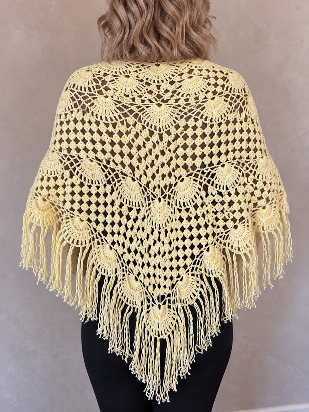 Light Yellow Crochet Fringe Wrap Shawl